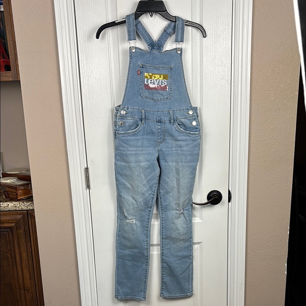 Levi's Girl's Light Blue Distressed Sequin Accents Denim Overalls Size 12R